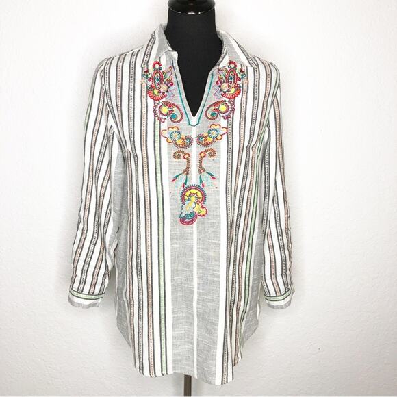 Soft Surroundings black white striped embroidered popover tunic top Petite Small - Picture 1 of 15